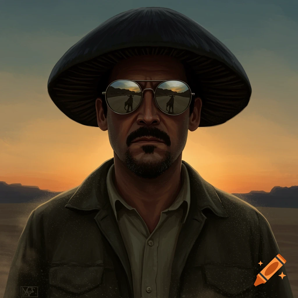Portrait of a man resembling Anton Chigurh in sunglasses reflecting a desert road, wearing a mushroom hat, at sunset.