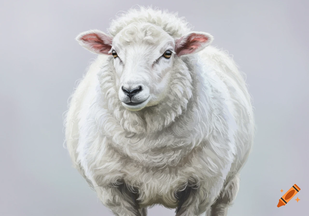Front view of a white sheep with thick wool on a plain background, in a painterly style.