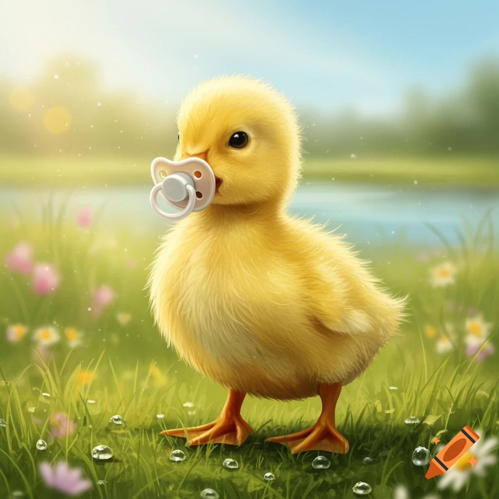 A fluffy yellow baby duck stands in grassy field with a pacifier in its mouth, sunlight in the background.