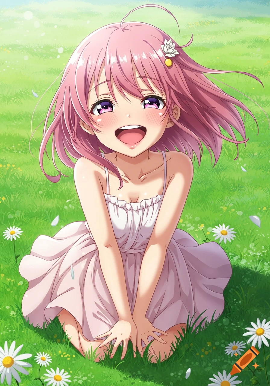 A cheerful anime girl with pink hair kneels in a field of green grass and white daisies, smiling happily.