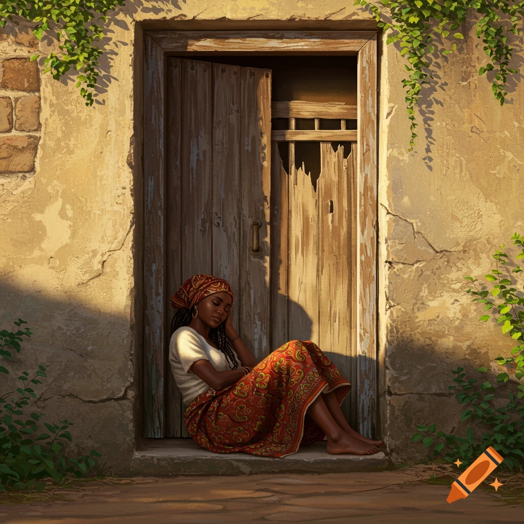 A woman with a headscarf and patterned skirt sleeps in an old wooden doorway with sunlight and vines.