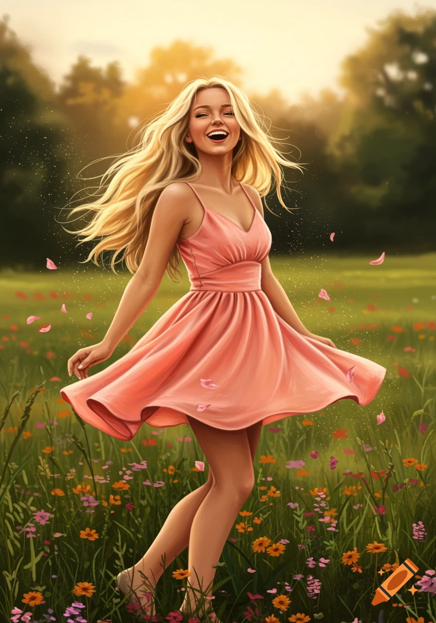 A happy blonde woman in a pink dress laughs as she runs through a sunny wildflower field, petals falling around her.