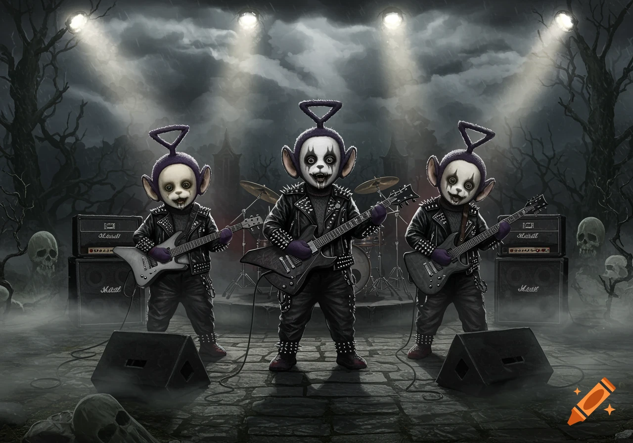 Three creepy, pale-faced Teletubby-like figures dressed in black leather jackets with spikes play electric guitars on a dark, foggy stage with skull props and dead trees under spotlights.