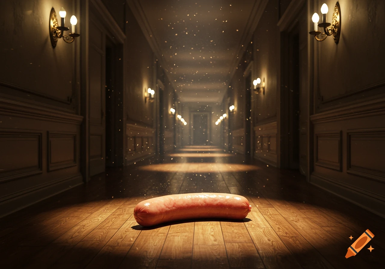 A single raw hotdog lies on a polished wooden floor in a dimly lit, long hallway with glowing wall sconces, photorealistic style.