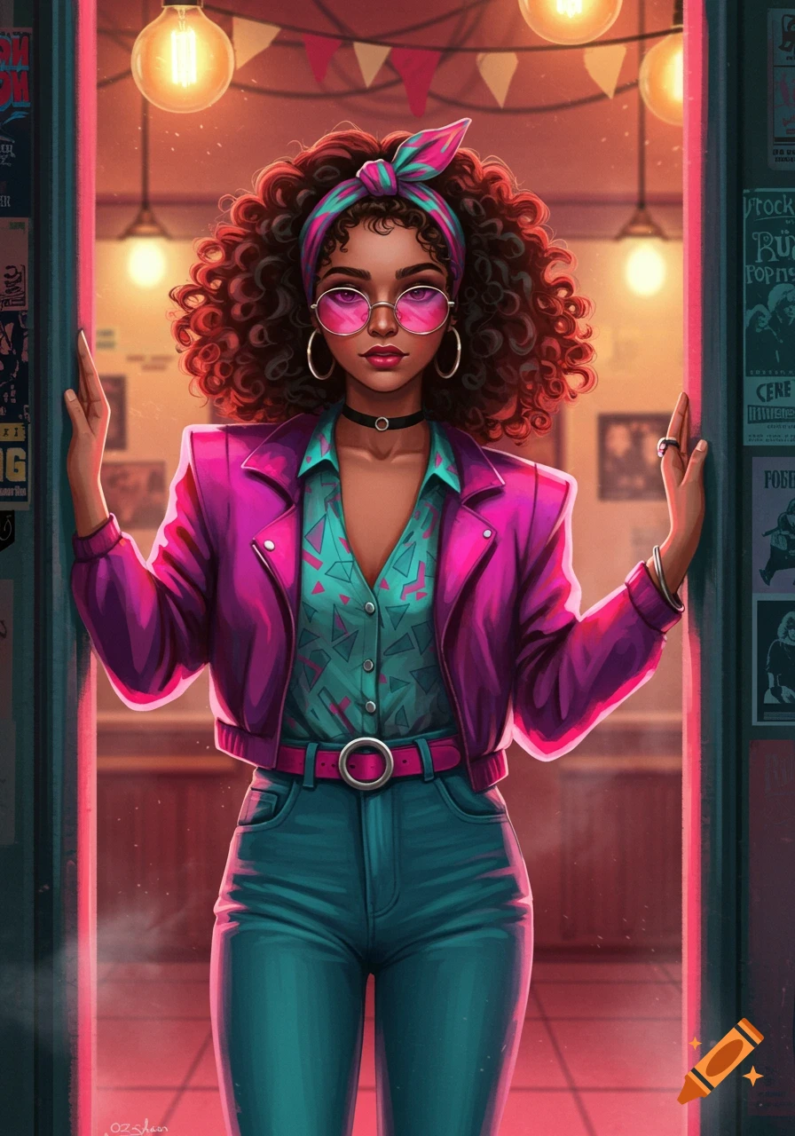 A vibrant illustration of a young woman in an 80s outfit with curly hair and pink sunglasses, standing in a brightly lit doorway.