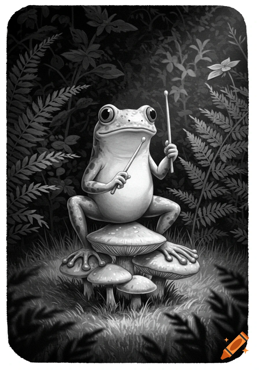 A black and white whimsical illustration of a frog sitting on mushrooms, holding drumsticks, in a dark forest.