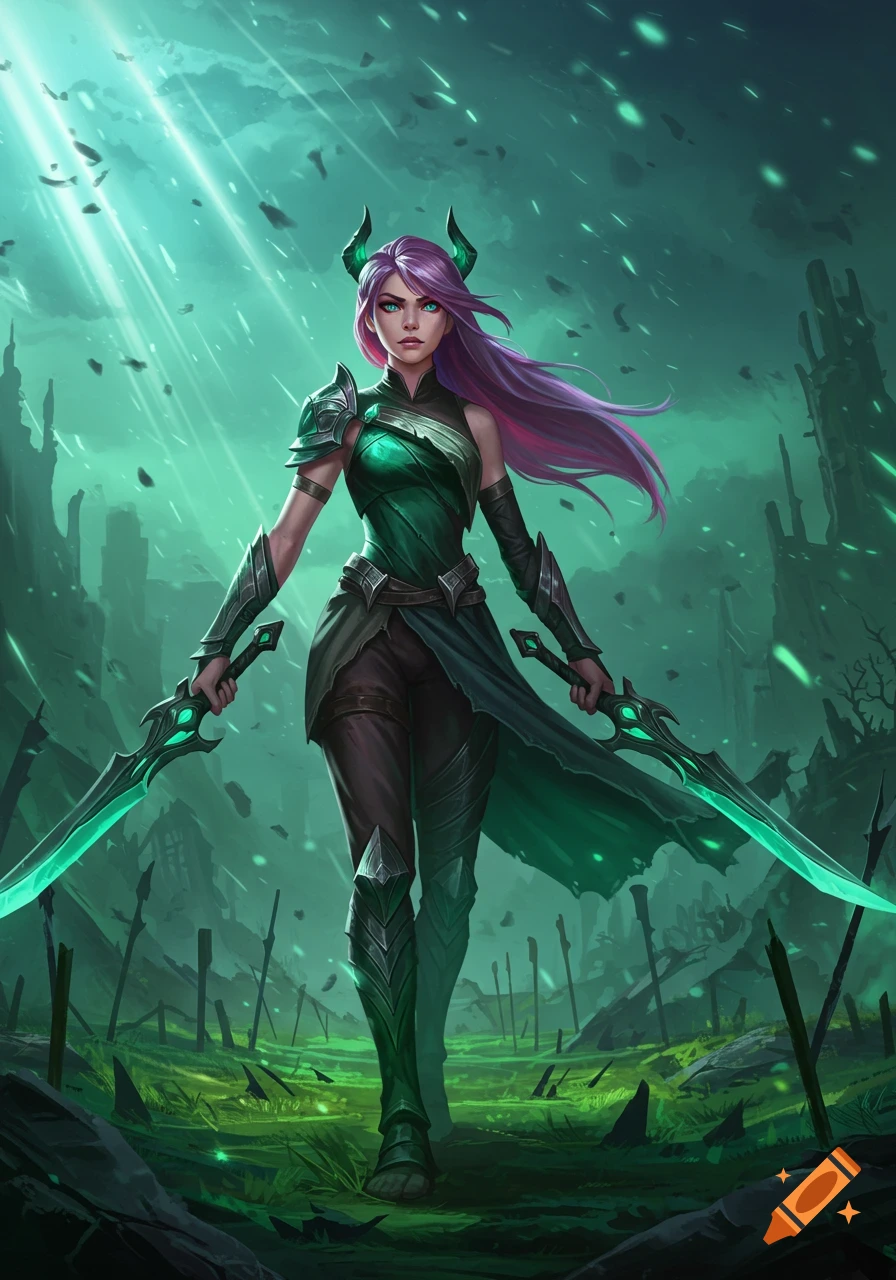 A female fantasy warrior with purple hair, horns, and green armor stands in a mystical, desolate landscape, holding two glowing green swords.