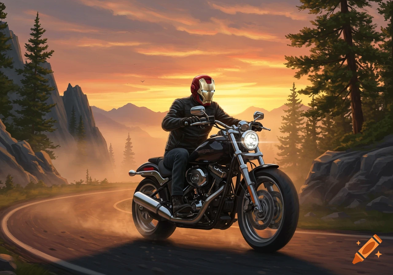 A biker wearing an Iron Man mask rides a black motorcycle on a winding mountain road at sunset.