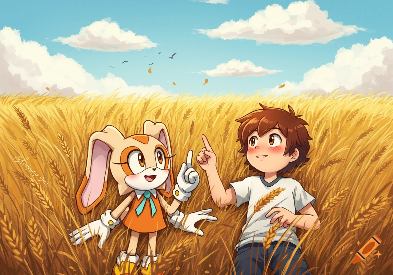 An illustration of Cream the Rabbit and a boy lying in a golden wheat field, looking up at a blue sky with clouds.