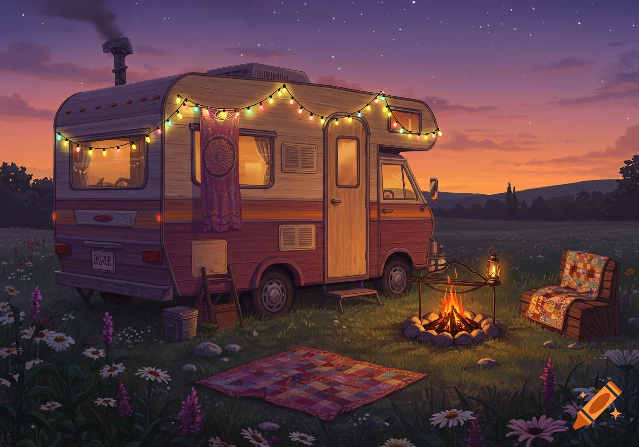 An illustrative camper van with string lights, a campfire, and a blanket in a field under a starry twilight sky.