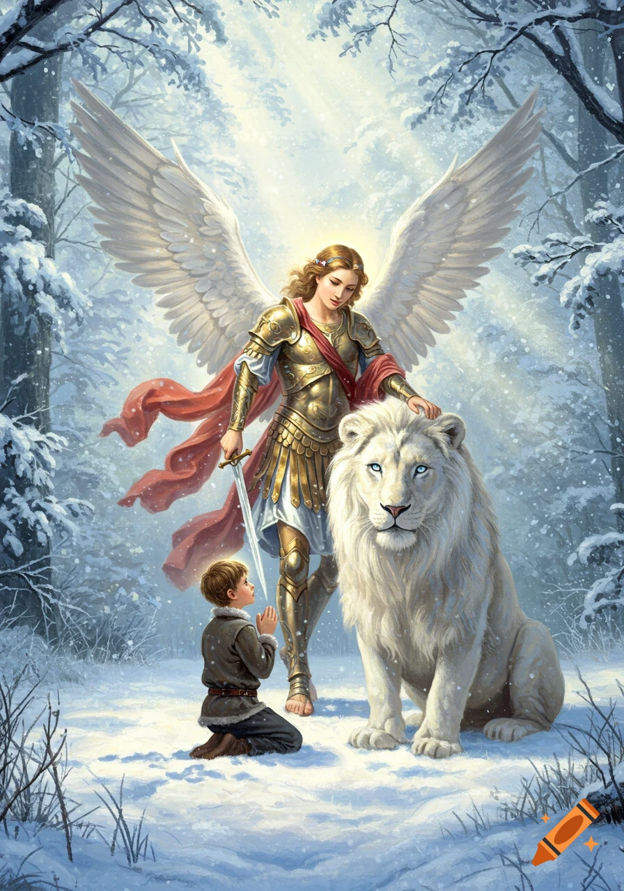 An archangel in golden armor with large white wings stands over a kneeling boy in a snowy forest, petting a large white lion with blue eyes.