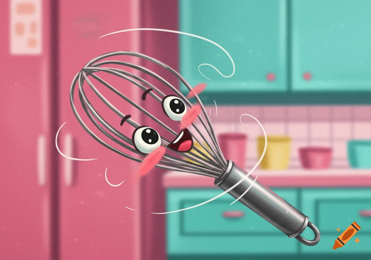A cheerful, cartoony kitchen whisk with a happy face and pink blush, floating in a pink and teal kitchen with motion lines.