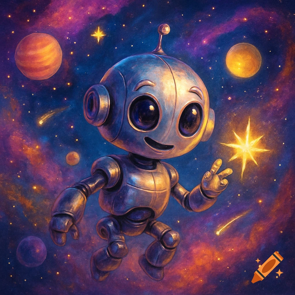 A cute, shiny metal robot with large eyes floats in a vibrant, colorful outer space filled with planets and sparkling stars.