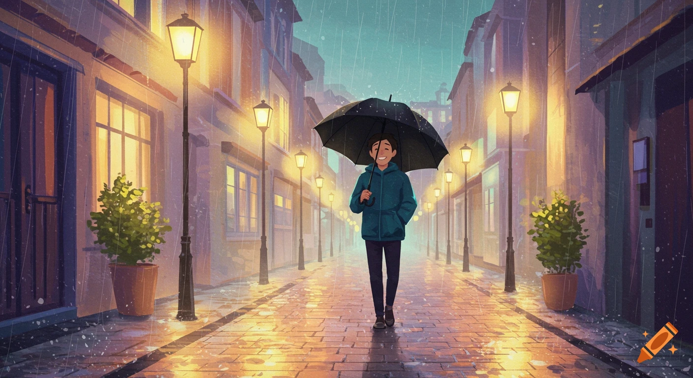 A smiling young man in a blue jacket walks with an open black umbrella on a rainy street, illuminated by warm streetlights in a digital painting.