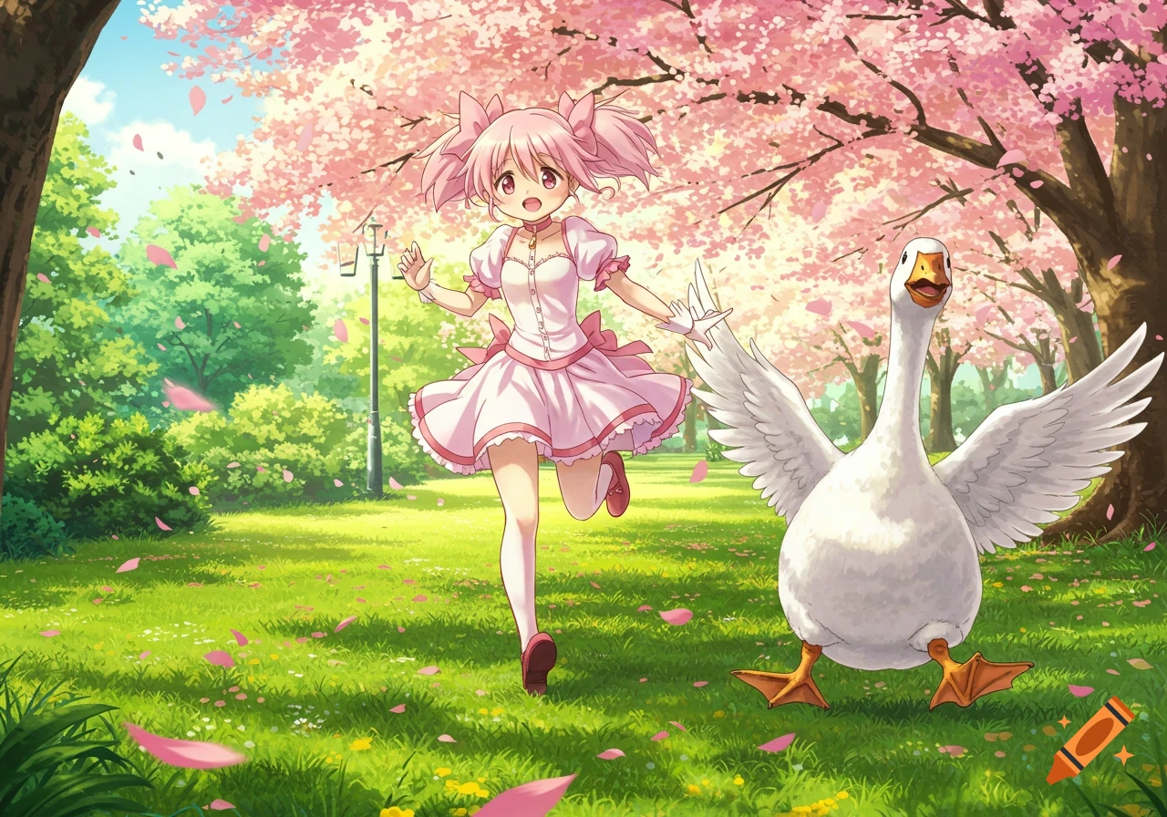 Anime girl Madoka Kaname runs through a cherry blossom park, chased by a white goose.
