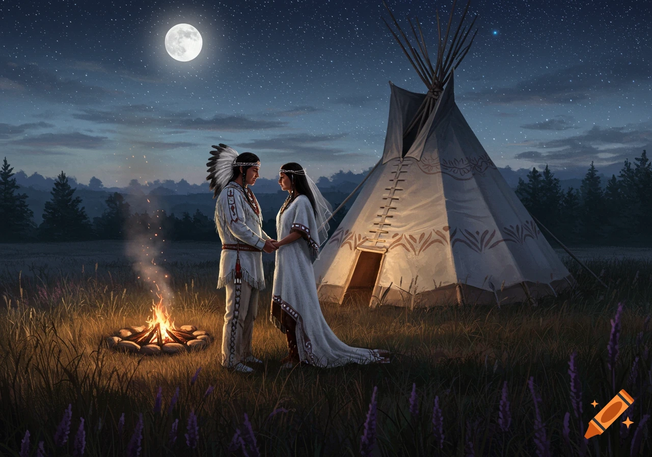 Indigenous couple in traditional white attire holding hands by a tipi and campfire under a full moon at night.