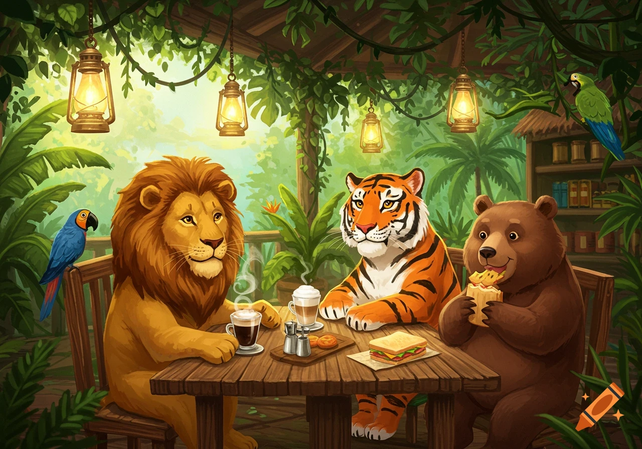 A cartoon lion, tiger, and bear drink coffee and eat sandwiches at a wooden table in a lush jungle cafe, with parrots nearby.