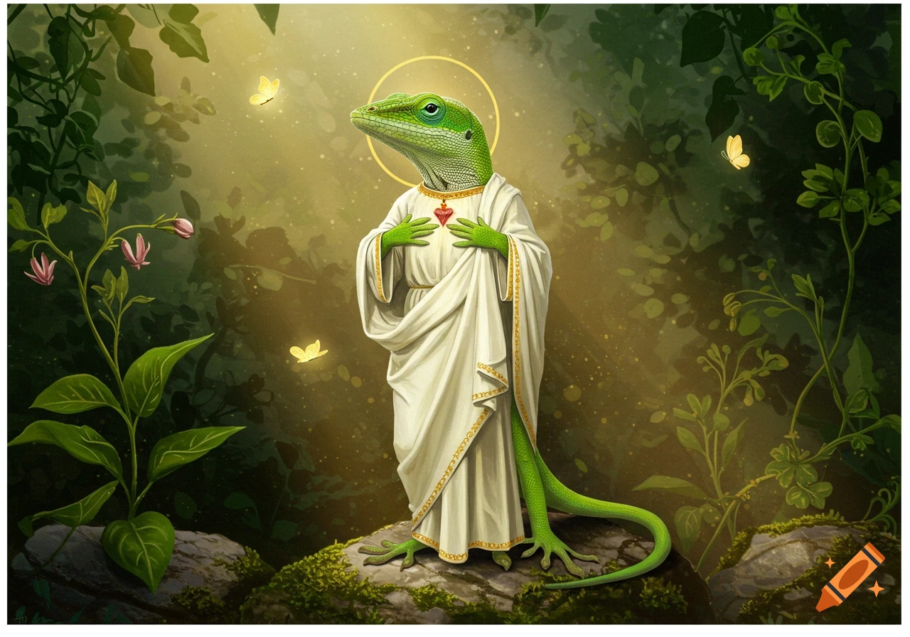 A green anole lizard dressed in white robes with a halo and a heart symbol, standing in a lush, sunlit jungle with butterflies.