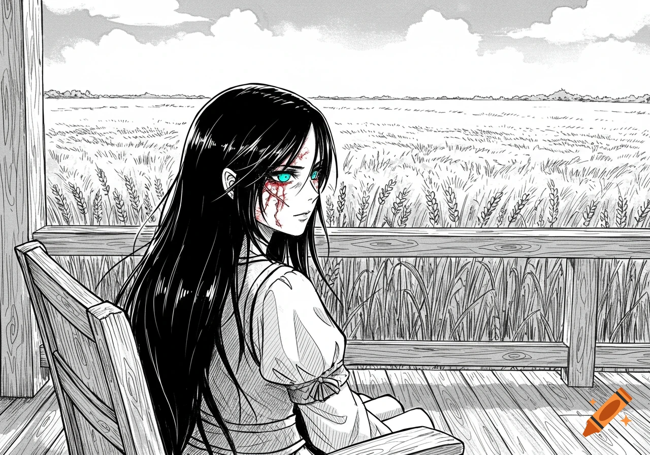A black and white manga drawing of a woman with long black hair and cyan eyes and a bloody face, sitting on a porch looking at a field of grain.