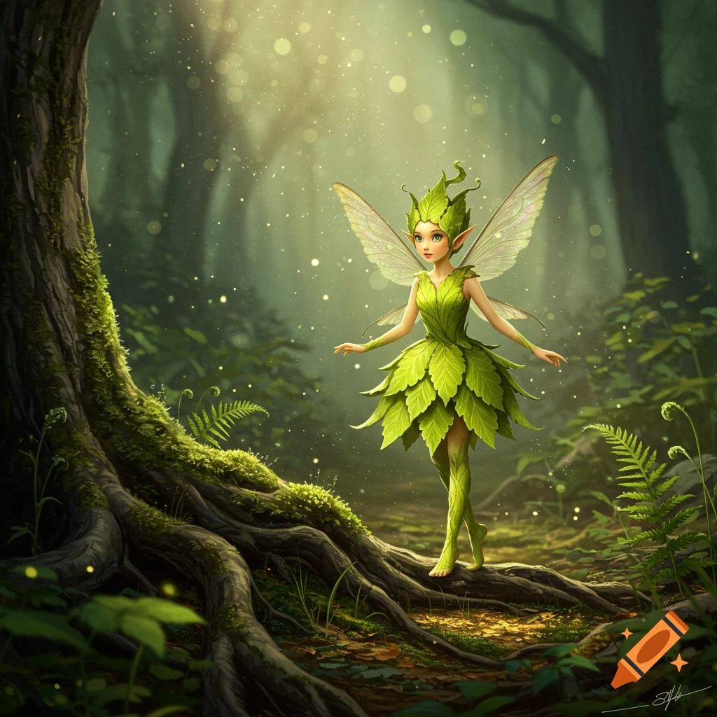 A small pixie wearing a green leaf dress stands on gnarled tree roots in a sunlit, mystical forest.