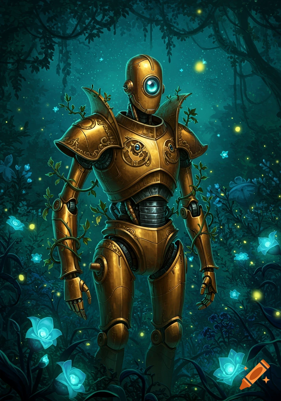 A detailed golden robot with a single blue eye stands in a dark fantasy forest with glowing blue flowers and fireflies.