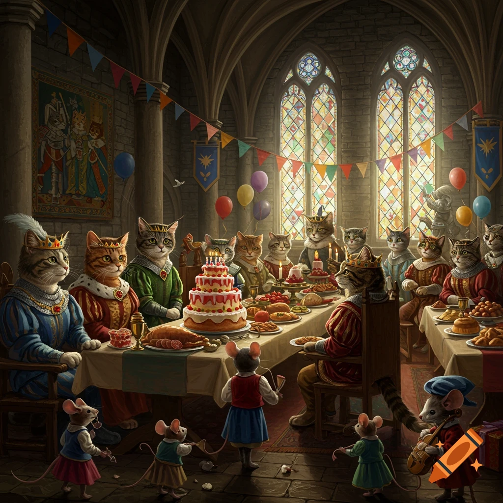Anthropomorphic cats and mice in medieval attire celebrate a birthday in a grand castle hall with stained glass windows.