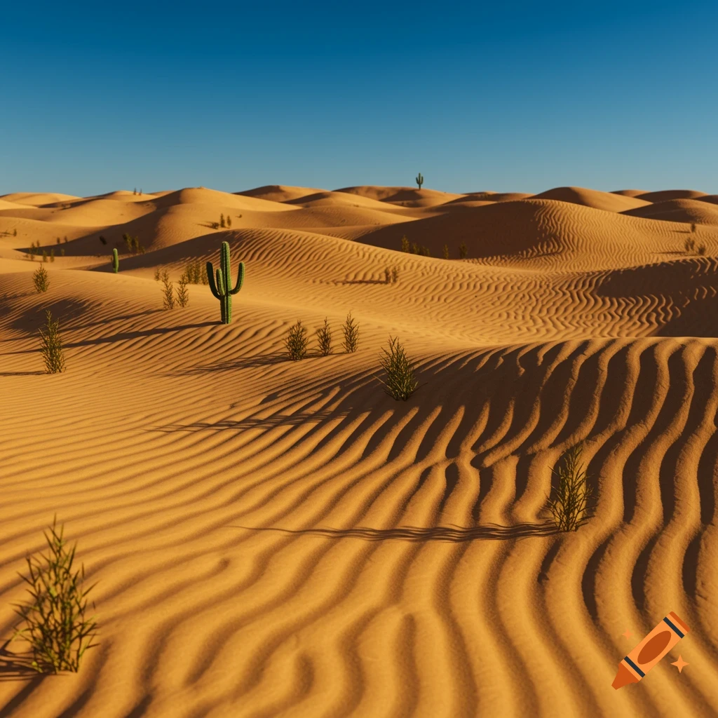 A vast desert landscape with undulating sand dunes and scattered green cacti under a clear blue sky.