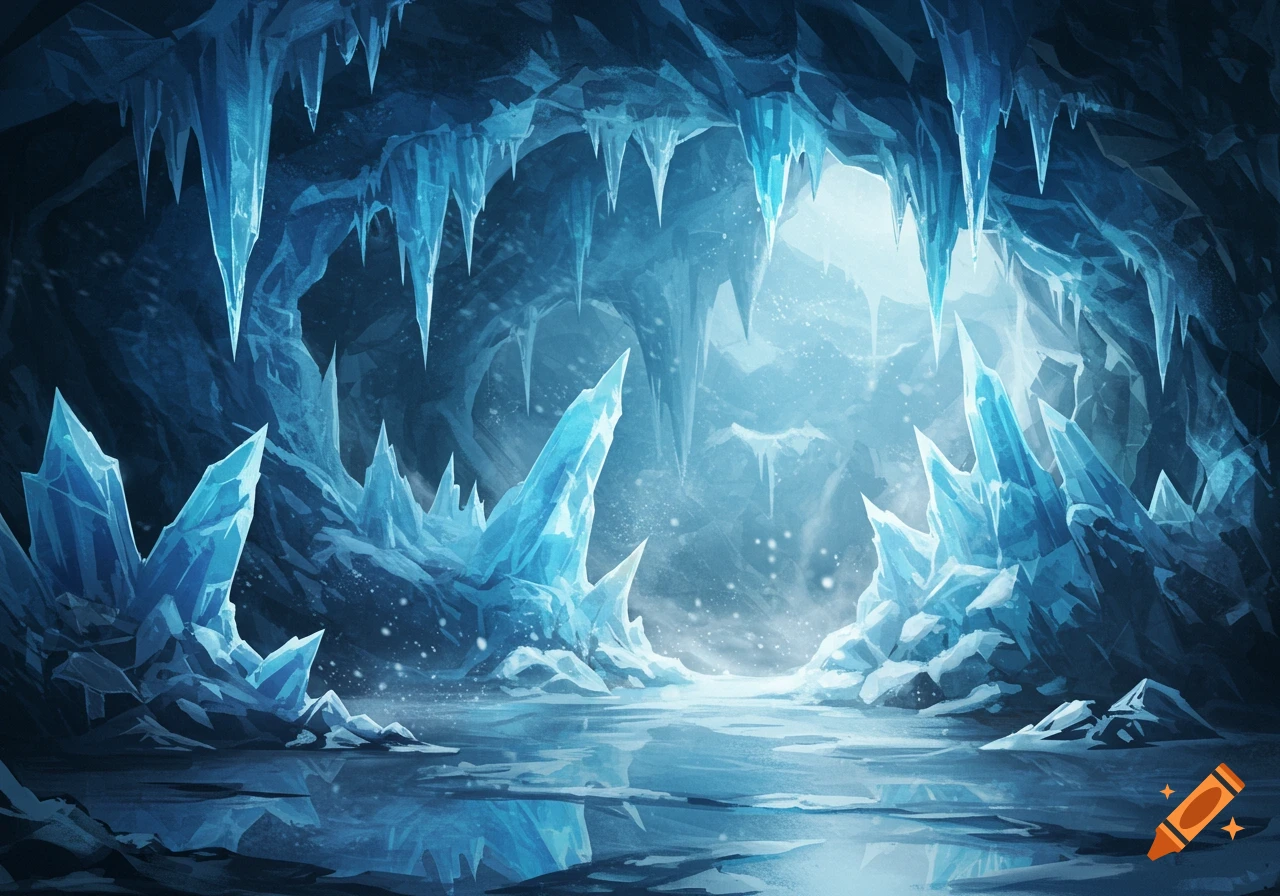 A vibrant blue icy cave with jagged stalactites and large ice crystals reflecting in a pool of water, illuminated by a bright light.