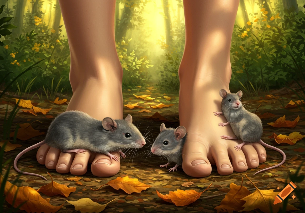 Two large human feet stand on a forest floor covered in autumn leaves, surrounded by small grey mice.