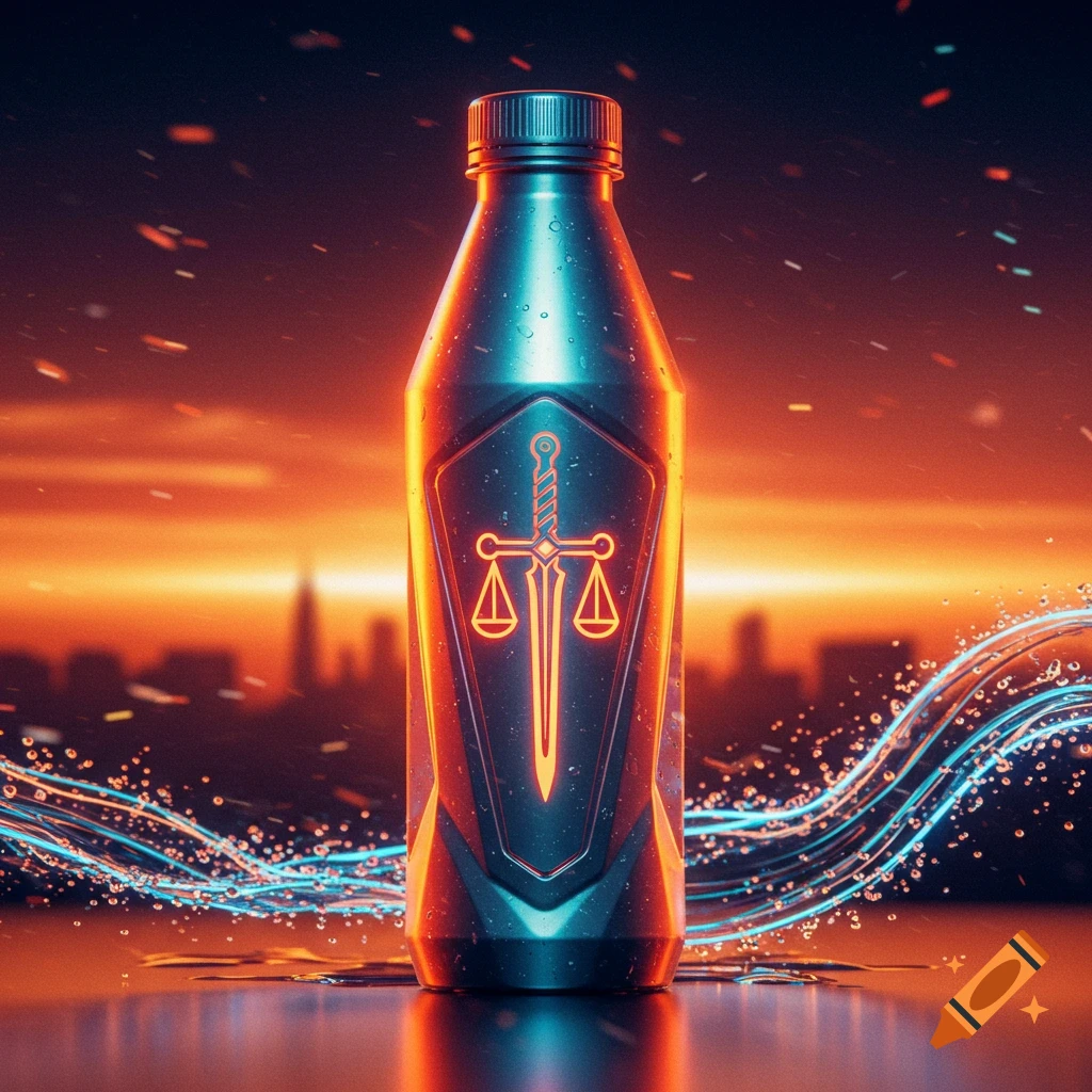A glowing metallic sports drink bottle with an illuminated sword and scales logo, set against a blurred orange and blue cityscape with water splashes and particles.
