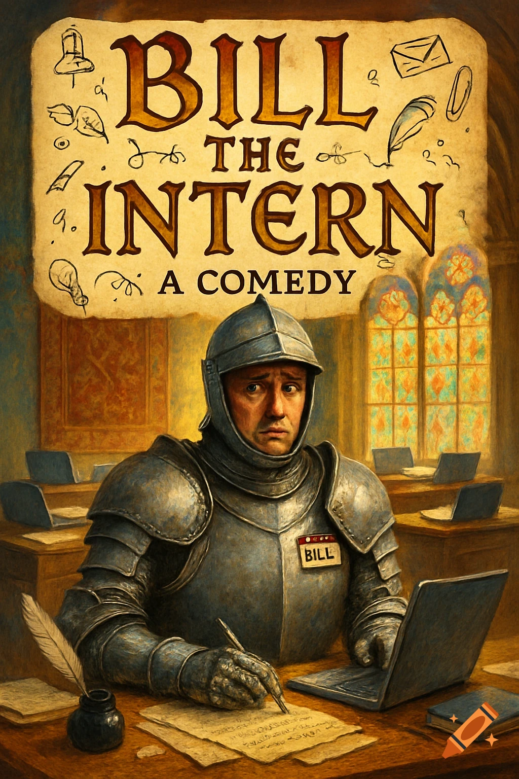 A theatre poster shows a medieval knight in full armor sitting at a modern desk with a laptop, writing with a quill. The poster is titled 'Bill the Intern: A Comedy'.