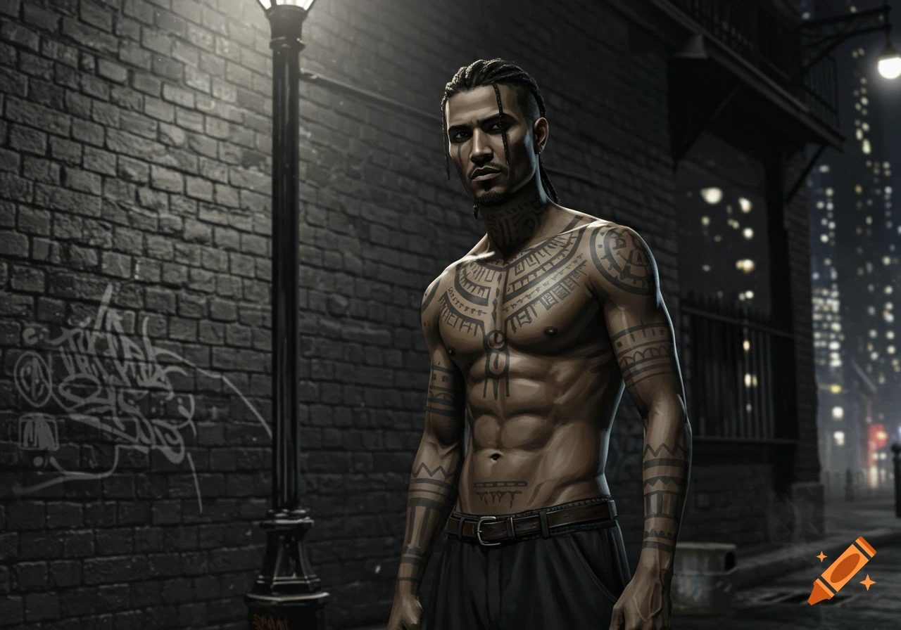 Muscular man with tattoos stands on a dark city street under a streetlight at night.
