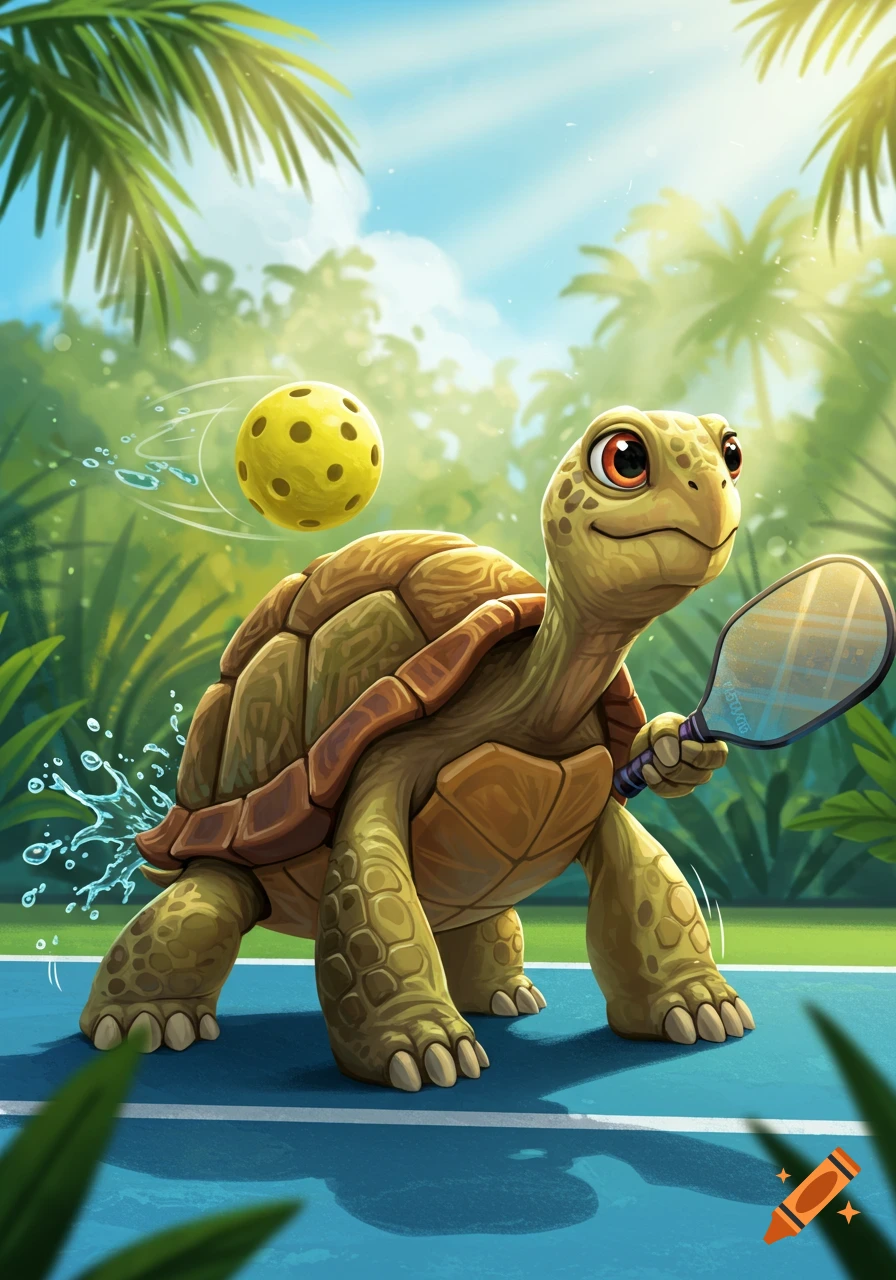 A cute cartoon turtle holding a pickleball paddle on a blue court, with a yellow pickleball in the air, surrounded by palm trees.