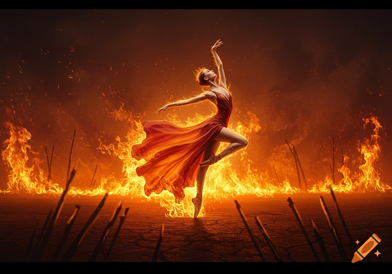 A ballet dancer in a red dress dances amidst a fiery landscape with cracked earth.
