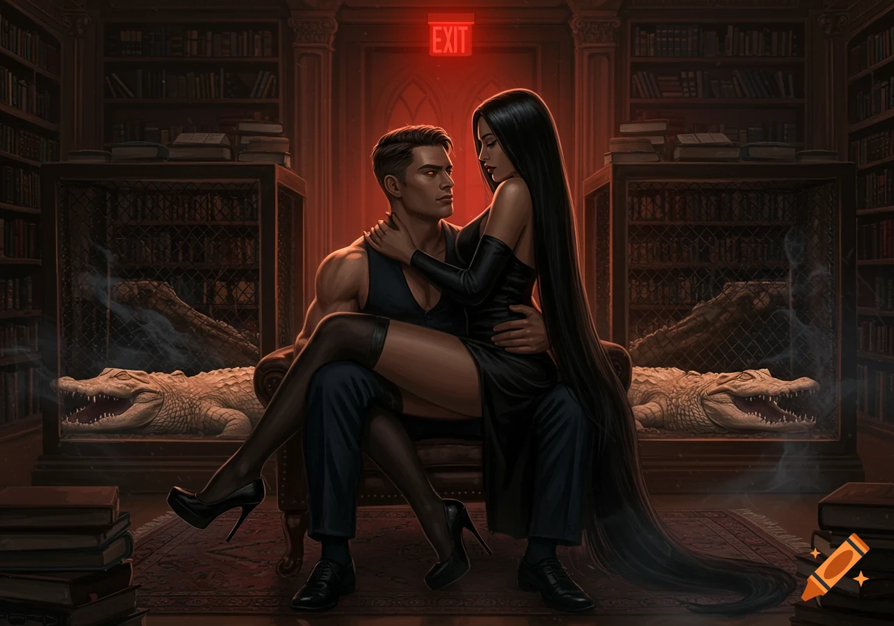 A couple, dressed in black, in a gothic library with two albino crocodiles in cages, under a red exit sign.