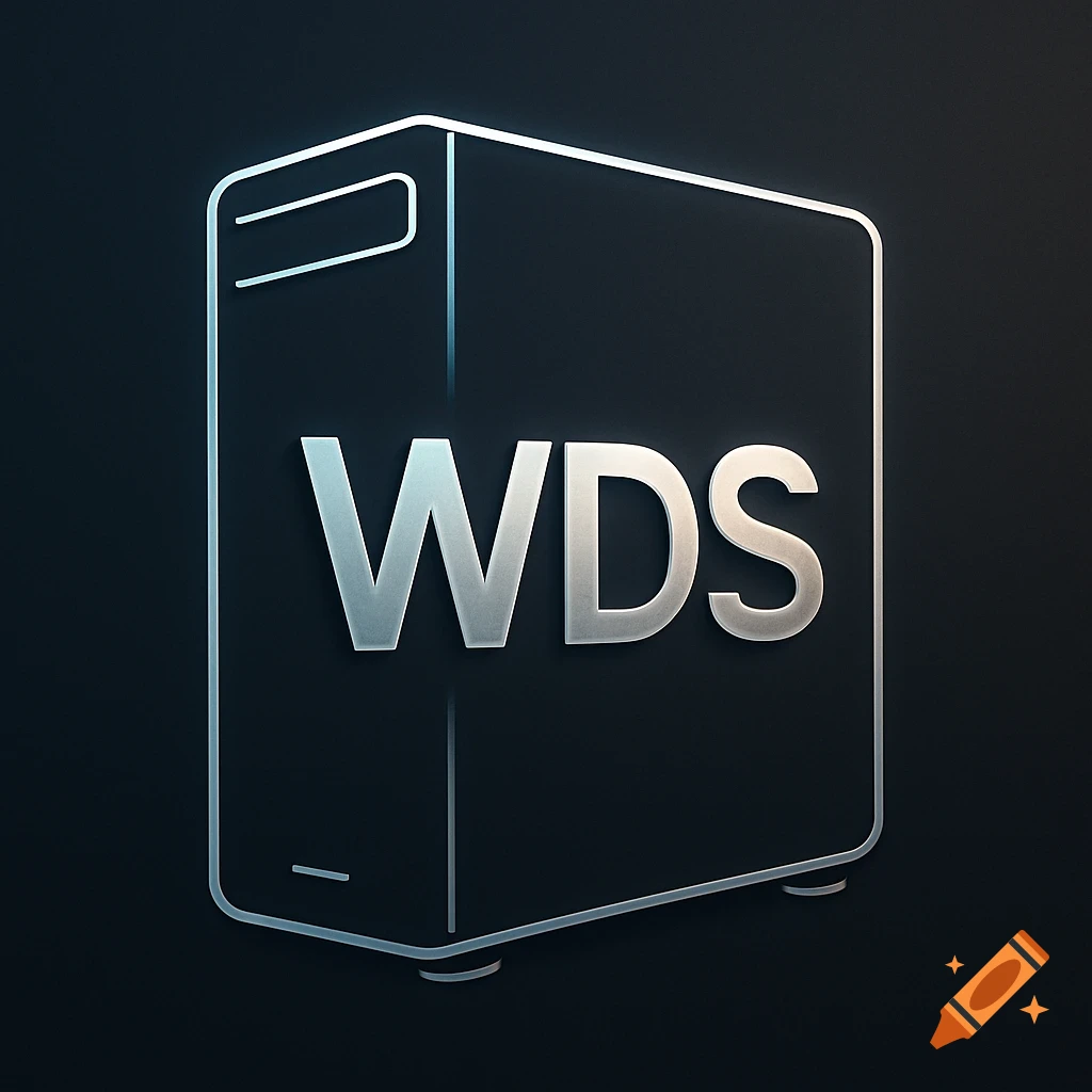 Silver 'WDS' text inside the outline of a desktop PC on a dark background.