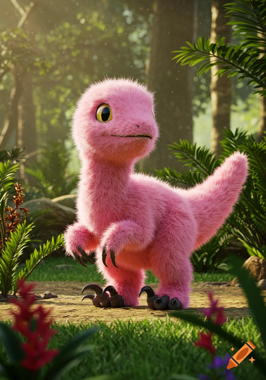 A cute, fluffy pink velociraptor with large yellow eyes stands in a lush, green jungle.