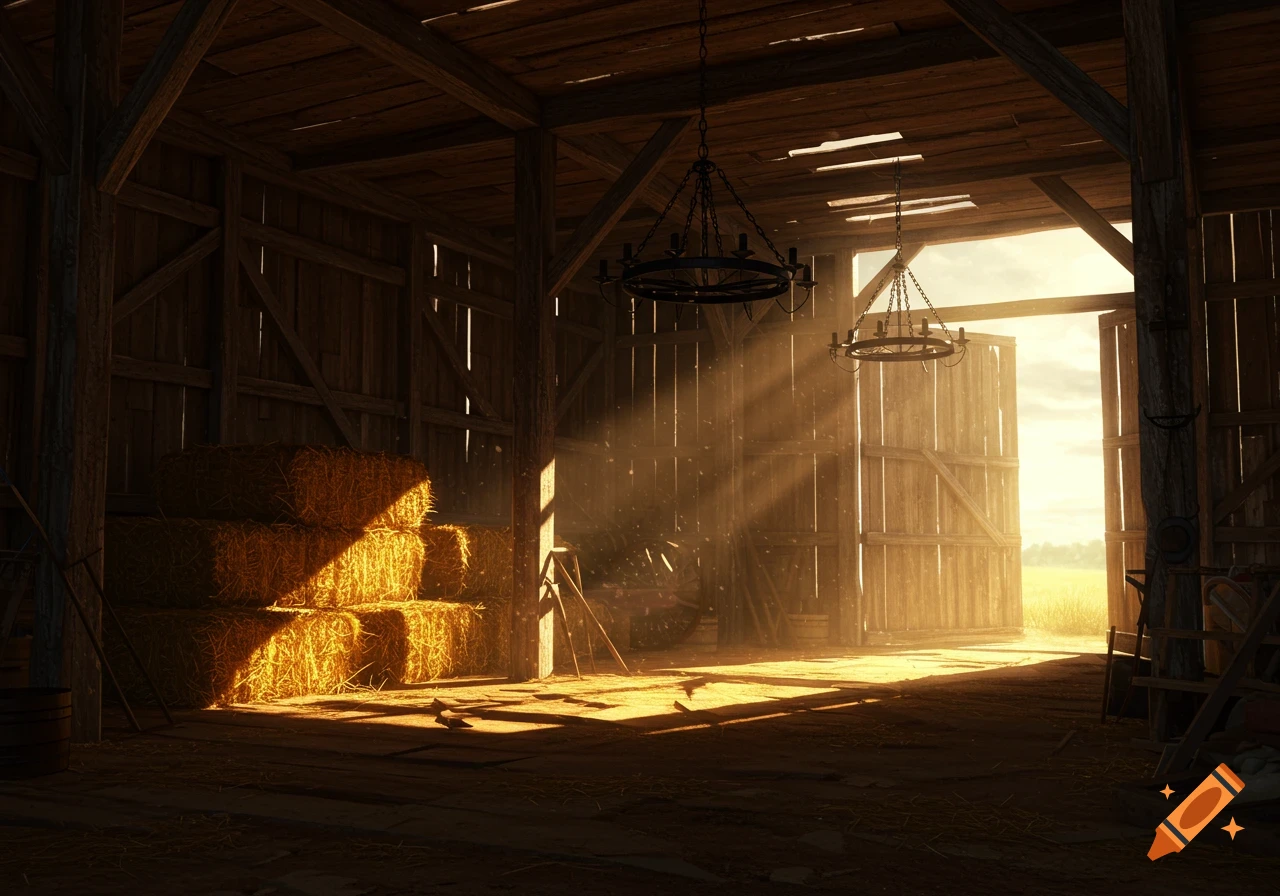 Sunlit interior of a rustic wooden barn with bales of hay and open doors revealing a bright field outside.