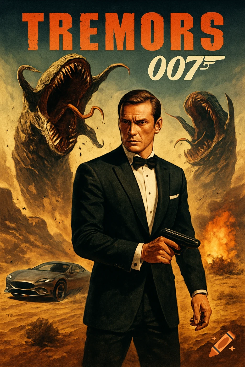 Illustrated movie poster of a man in a tuxedo with a gun, facing two giant worm monsters in a desert. Text: TREMORS 007.
