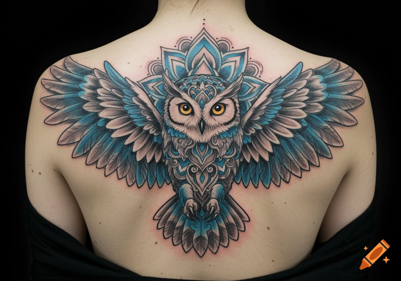 A vibrant owl tattoo with blue, white, and grey feathers and a mandala background, spread across a person's upper back.