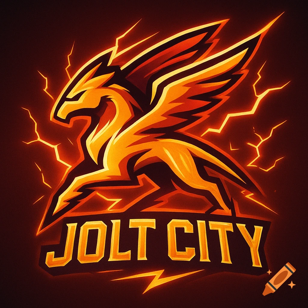 A striking orange and yellow logo of a stylized winged creature with lightning bolts, above the text 'JOLT CITY' in bold, glowing letters.