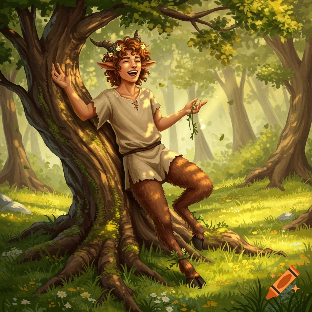 An illustrated male satyr teen with curly hair and horns laughs, leaning against a tree in a sunny forest.