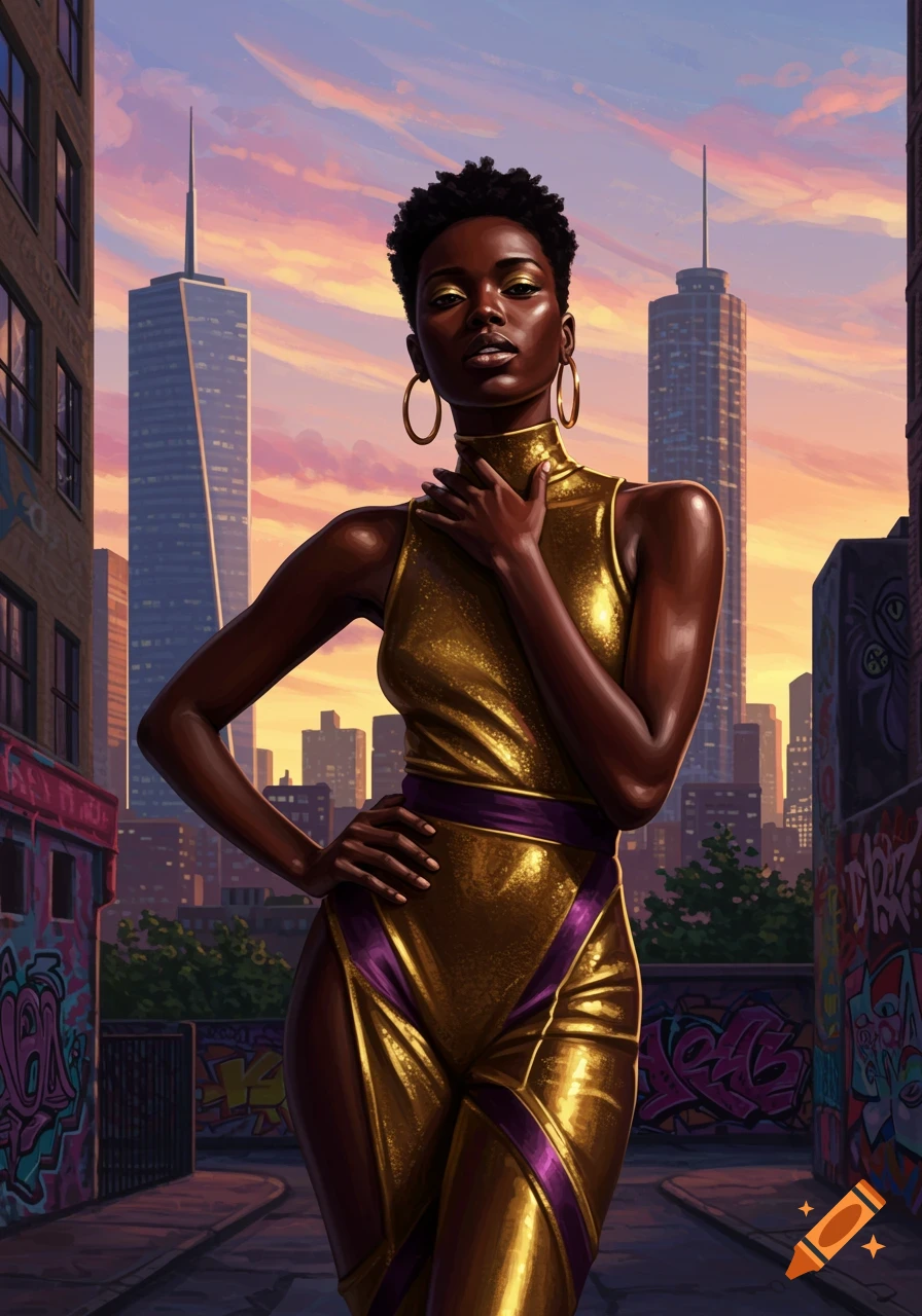 A vibrant digital art illustration of a Black woman in a gold and purple outfit posing in a city alleyway at sunset.