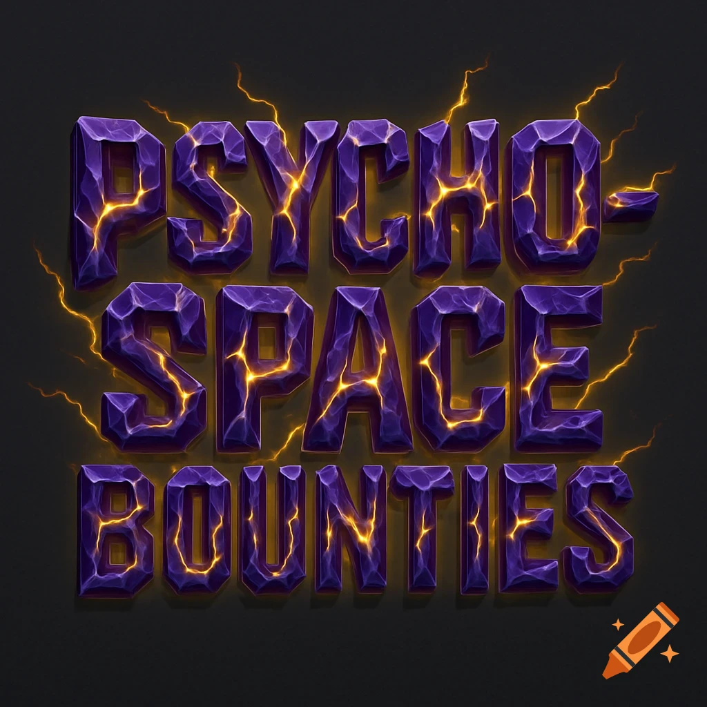 Logo for 'Psycho-Space Bounties' featuring dark purple crystal letters with glowing yellow cracks and electrical arcs on a dark background.