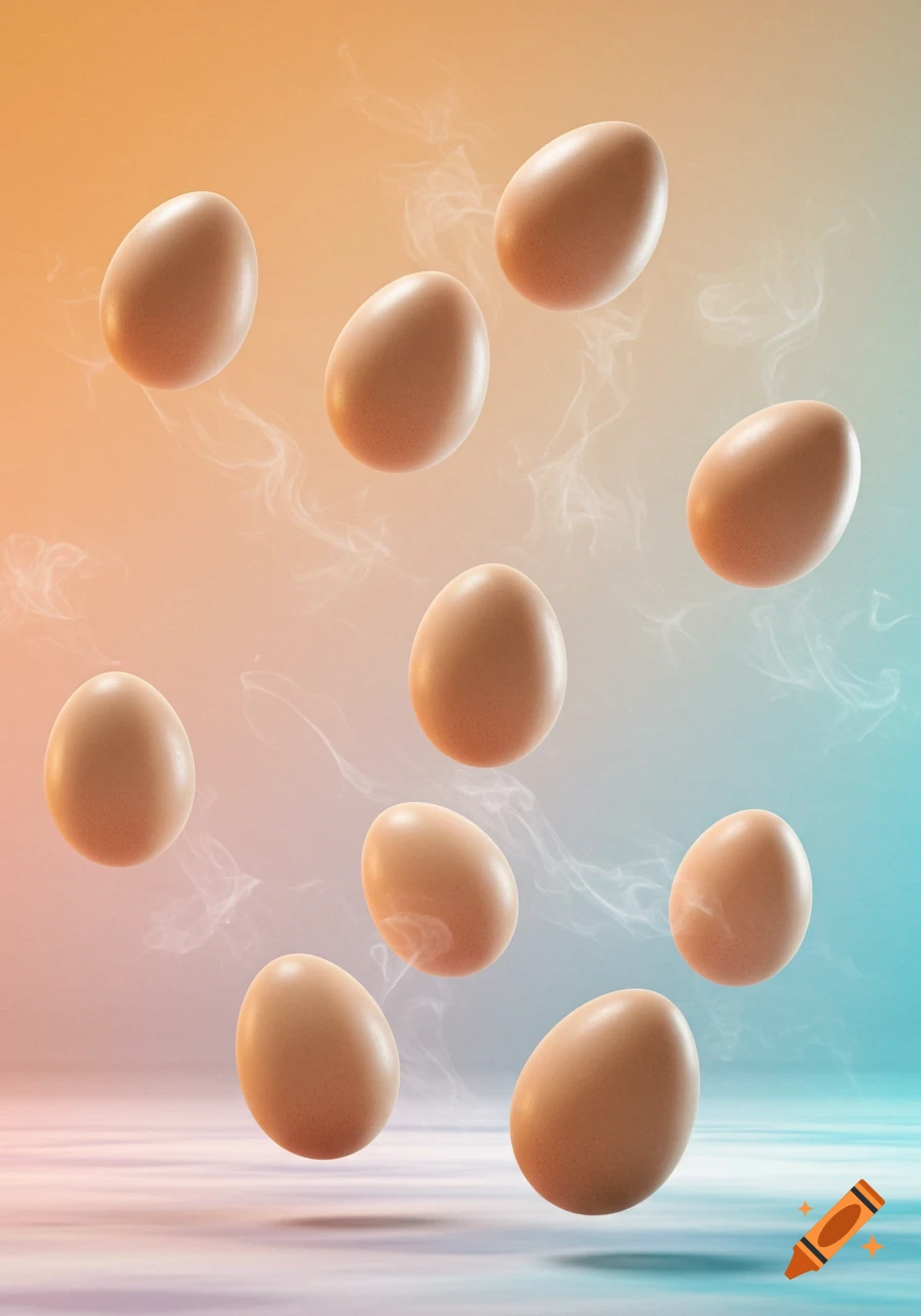 Multiple eggs float against a soft orange and blue gradient background with wisps of smoke.