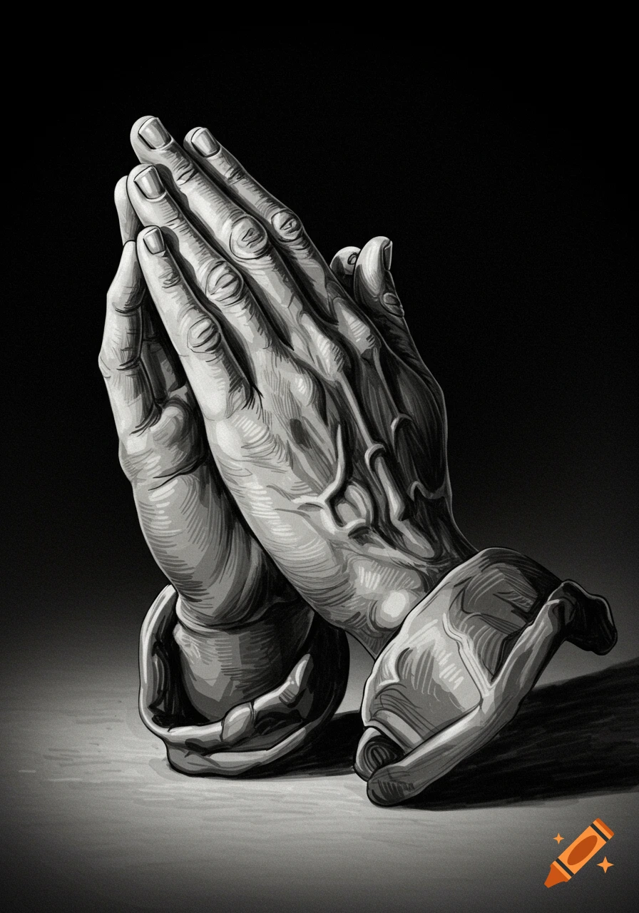 Detailed black and white illustration of two hands clasped together in prayer, with prominent veins and strong shadows.
