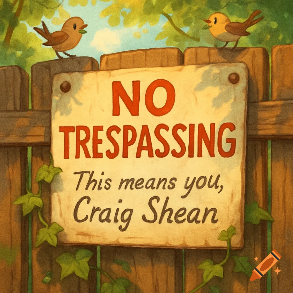 An illustration of a NO TRESPASSING sign on a wooden fence, with two cartoon birds and green ivy.