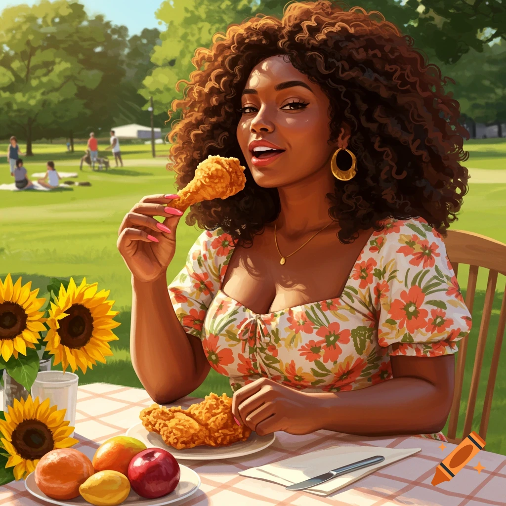 A black woman with curly hair sits at a picnic table in a sunny park, eating a piece of fried chicken. Sunflowers and fruit are on the table.