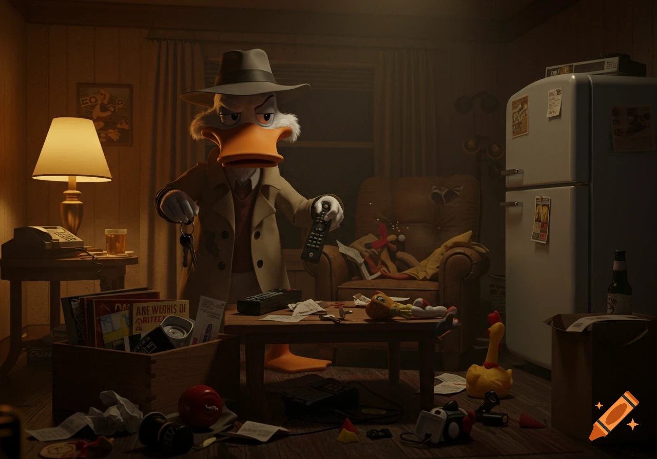 An anthropomorphic duck in a trench coat and fedora stands in a cluttered, dimly lit retro apartment, holding keys and a remote.