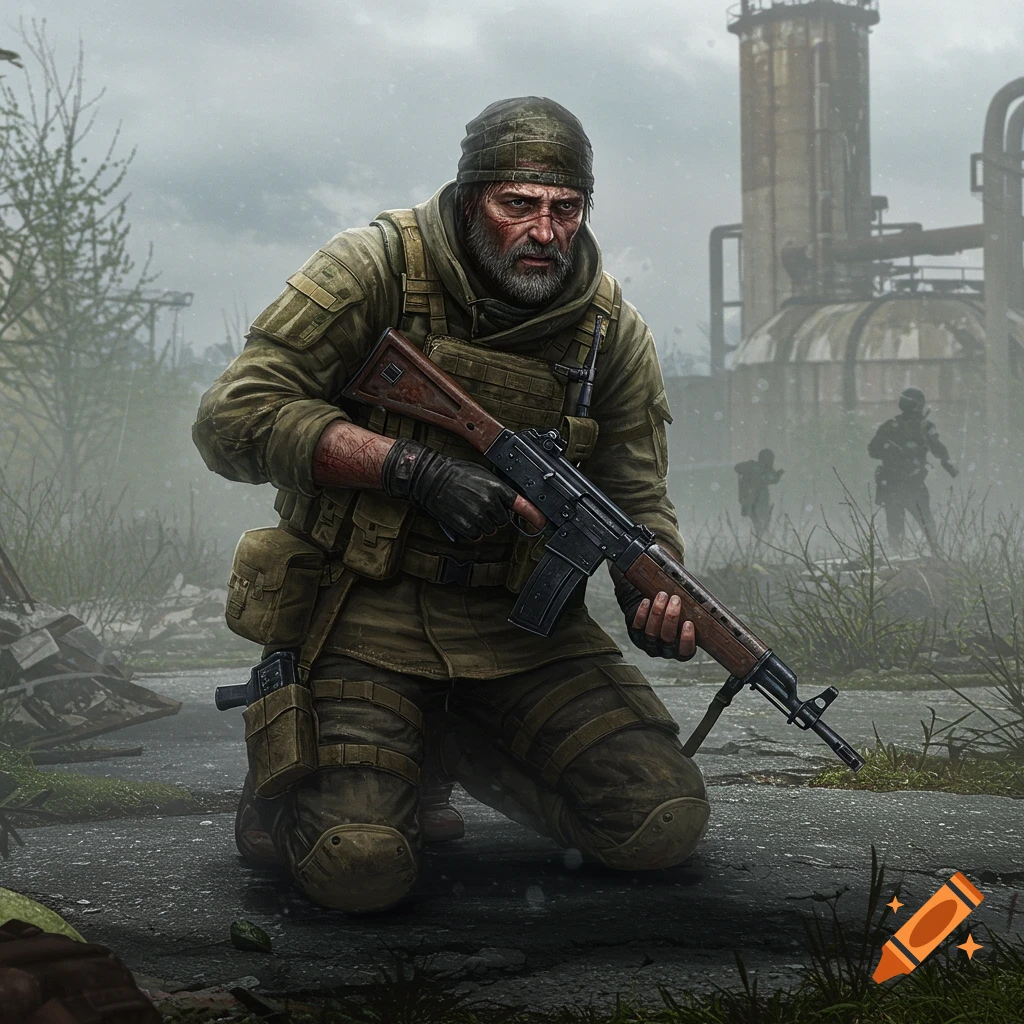 A grizzled soldier in military gear kneels with a rifle in a desolate, industrial wasteland.